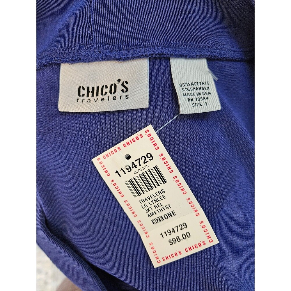 CHICOS Travelers 2 Piece Set Sz 1 Amethyst Jacket Frog Buttons No Tummy Pants - Picture 8 of 9